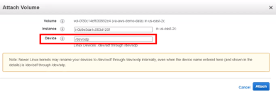 Attach Volume pop-up with the Device field highlighted and showing the /dev/sdp value.